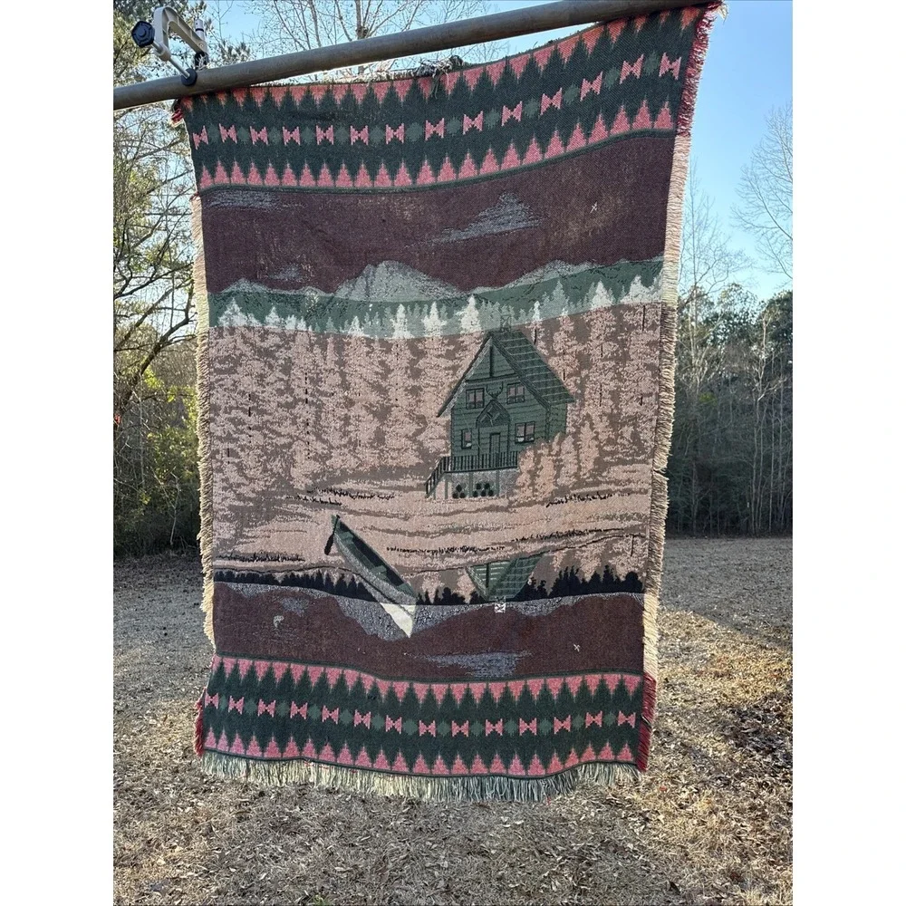 Mountain Lakefront Cabin Throw Blanket Thick Vintage 44x68